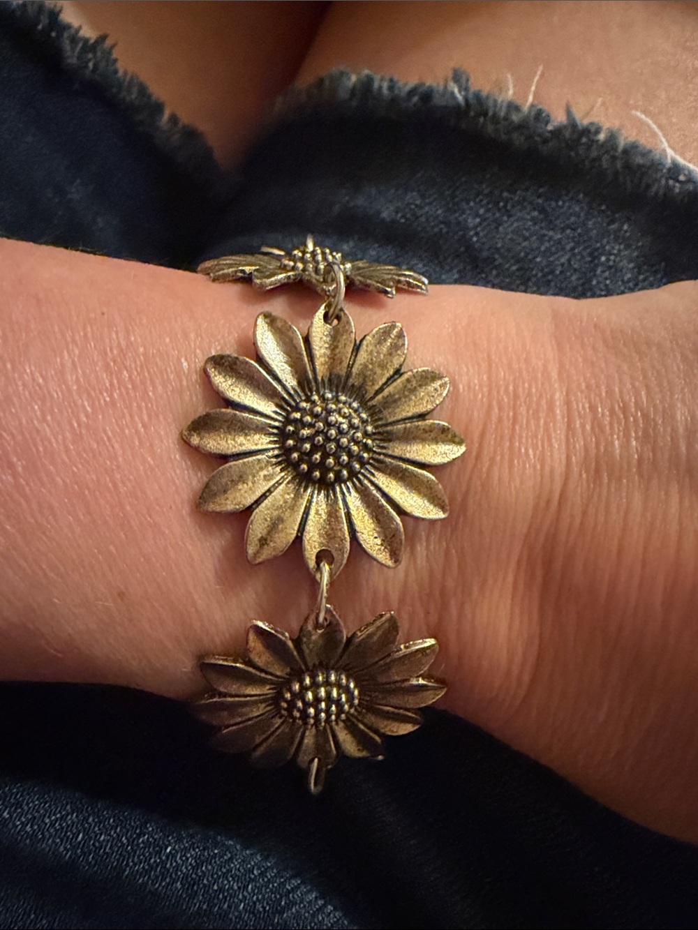 Vintage 🌻 SUNFLOWER daisy 🌼 link bracelet burnished gold tone metal adjustable